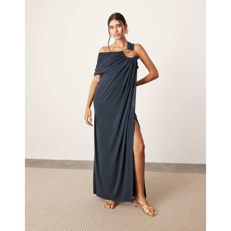 Black high neck asymmetric embroidered trim maxi dress hotsell