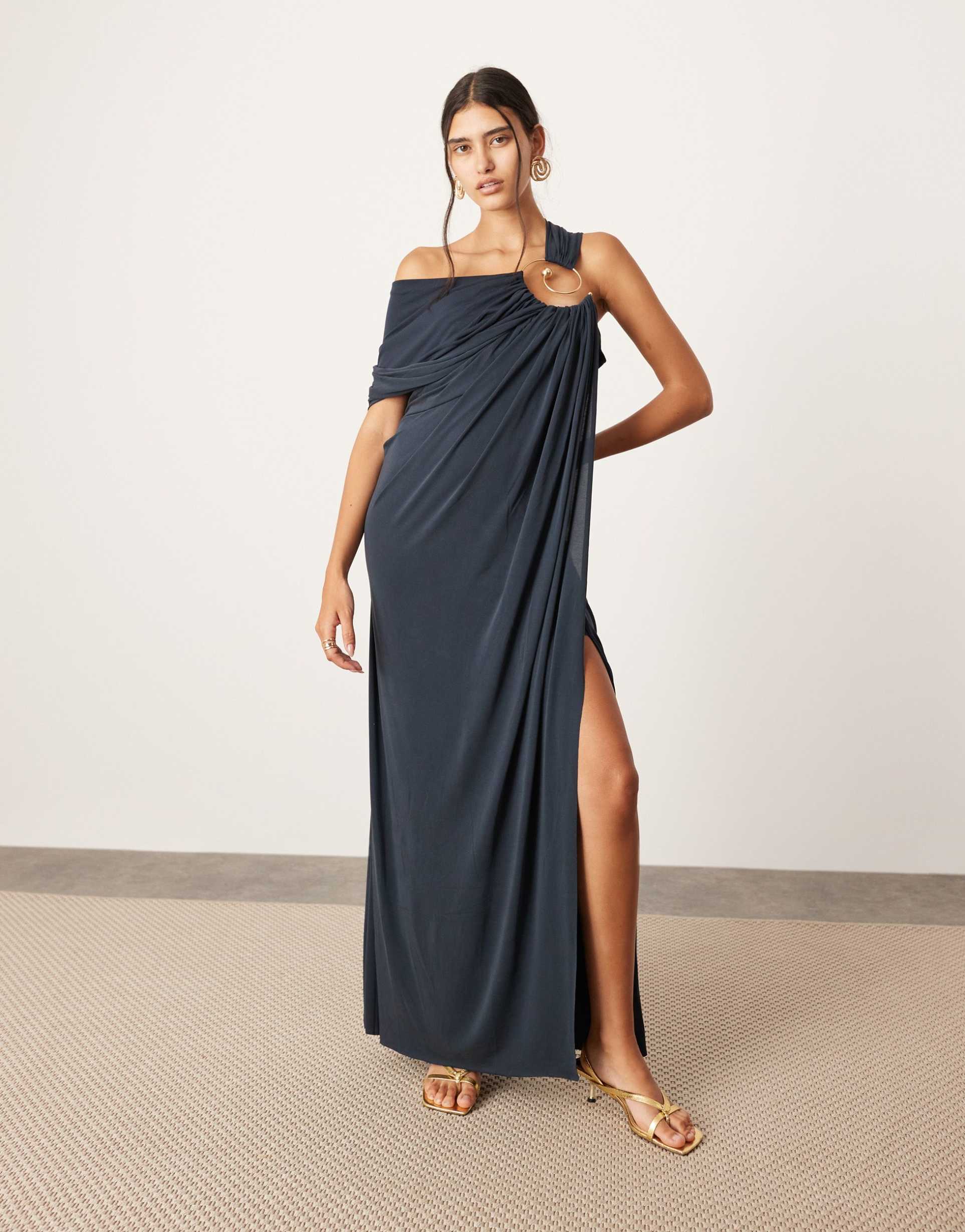 asos edition asymmetric neck maxi dress with spiral trim in dark blue