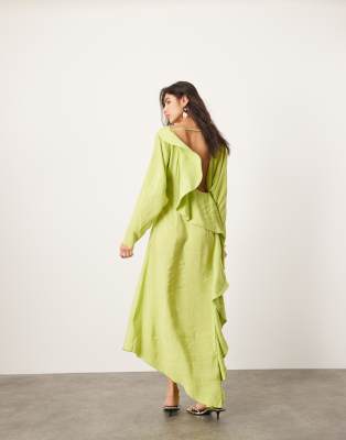 ASOS EDITION - Asymmetrisches, langärmliges Maxikleid in Limettengrün mit Rückenausschnitt