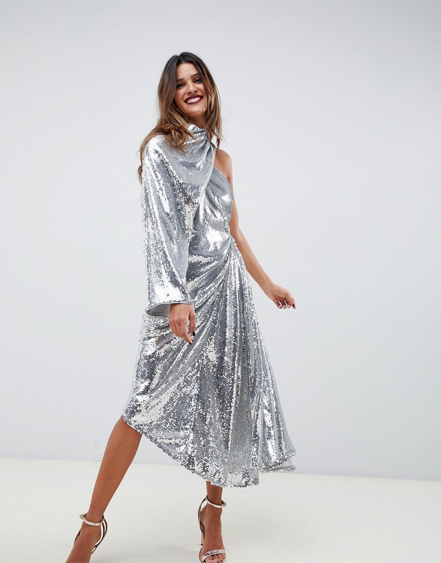 ASOS EDITION – Asymmetrisk draperad klänning med dekor-Silver
