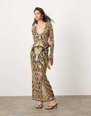 ASOS EDITION - Verziertes, langärmliges Pailletten-Maxikleid in Schwarz und Gold mit Zierausschnitt und tiefem Ausschnit...