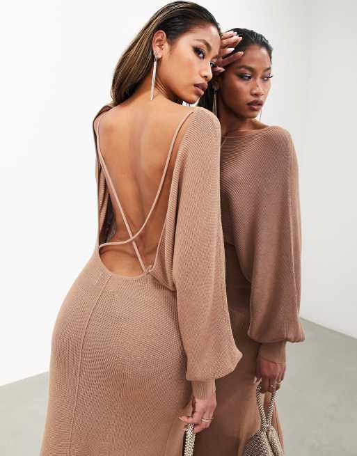 ASOS EDITION backless long sleeve knitted midi dress in mocha