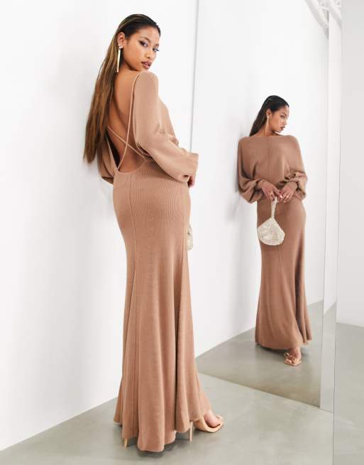 Luxe Gathered Halter Midi Dress, Mocha, Dresses