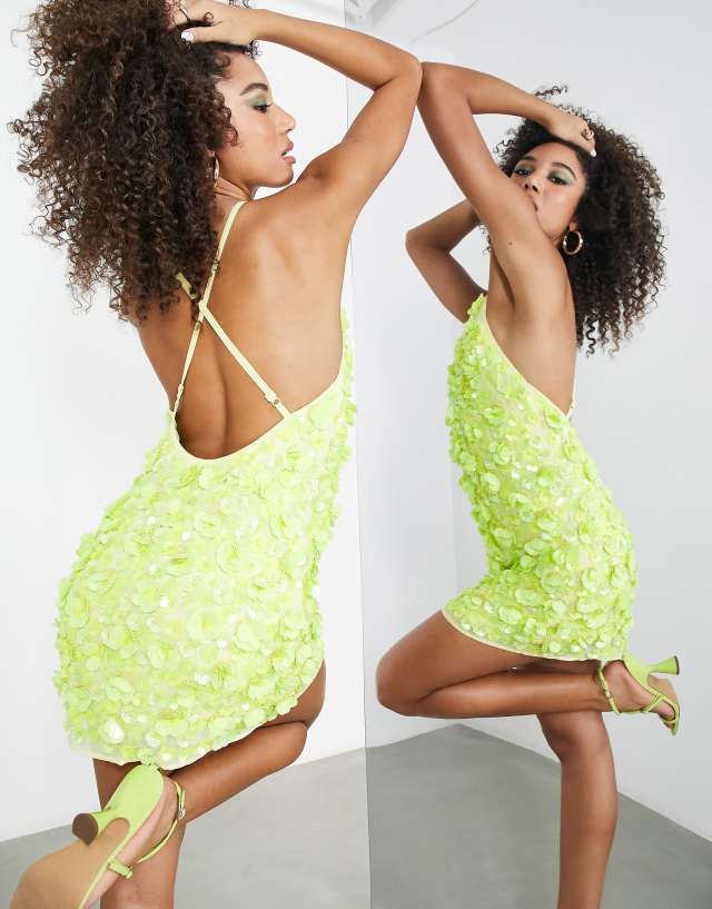 ASOS EDITION backless mini dress in 3d embellished floral in neon yellow