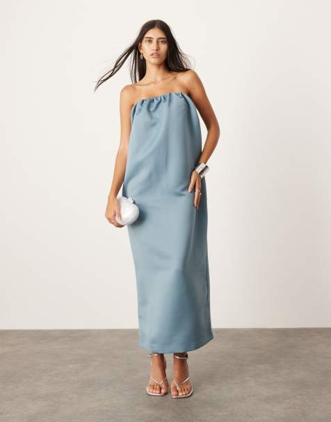 ASOS EDITION bandeau heavy satin maxi dress in blue - view 1