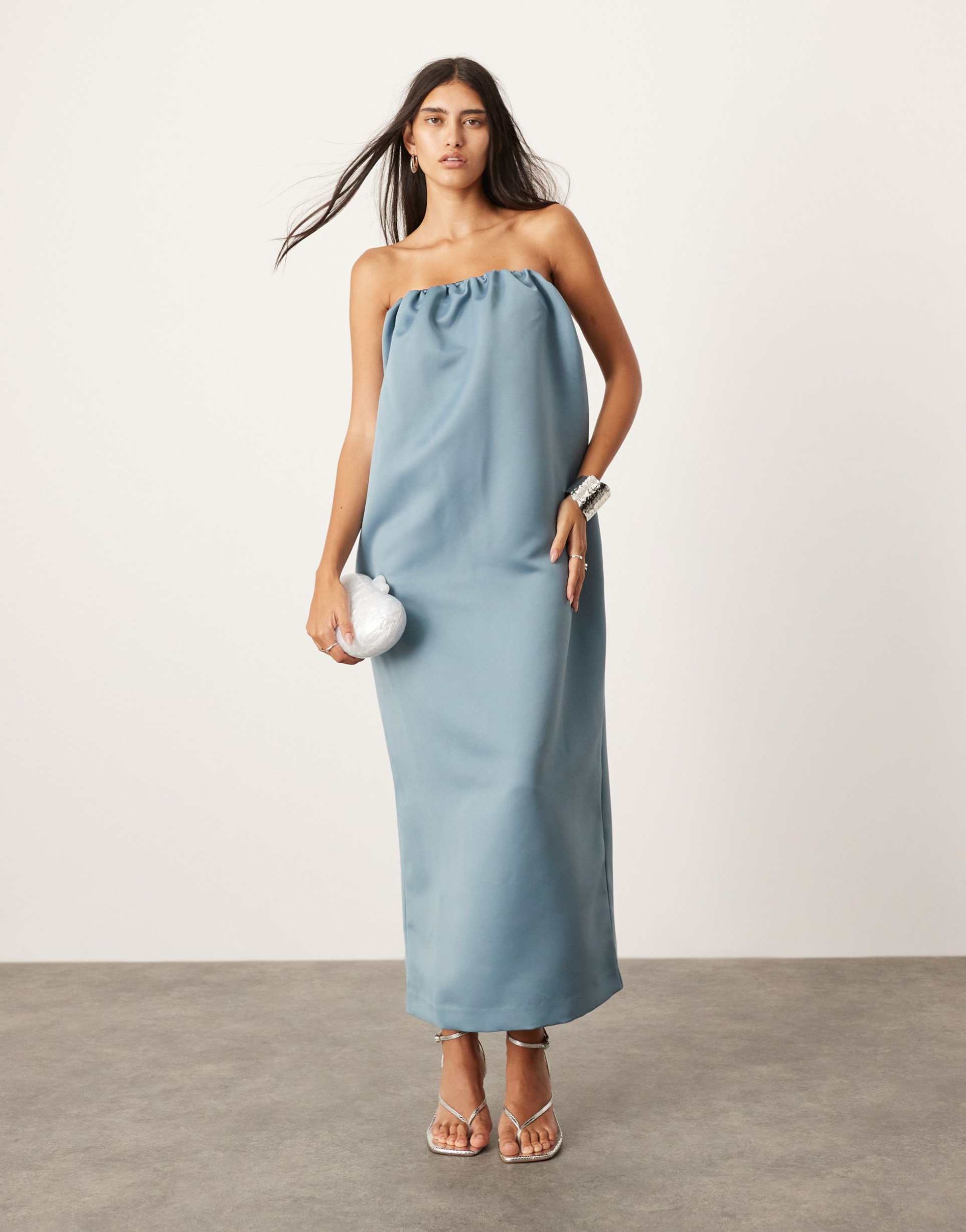 asos edition bandeau heavy satin maxi dress in blue