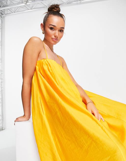 ASOS EDITION bandeau maxi dress with pleat detail in marigold, 3 of 4