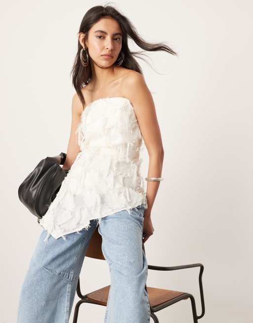 ASOS EDITION - Bandeau-top van gebloemd jacquard met lange pasvorm in crème