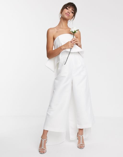 ASOS Bridal Jumpsuit In Bonded Satin With Bow Detail in White