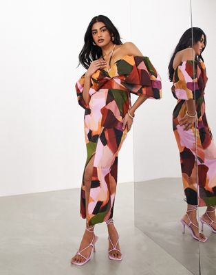 Asos Design Bardot Bow Tie Neck Detail Midaxi Dress In Orange Abstract Print-multi