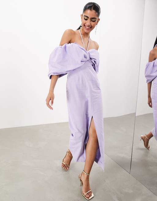 ASOS EDITION bardot bow tie neck detail midi dress in lilac