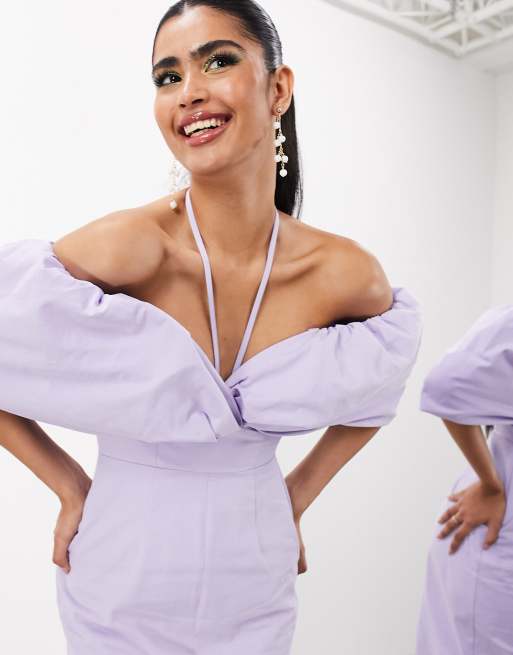 ASOS EDITION bardot bow tie neck detail midi dress in lilac