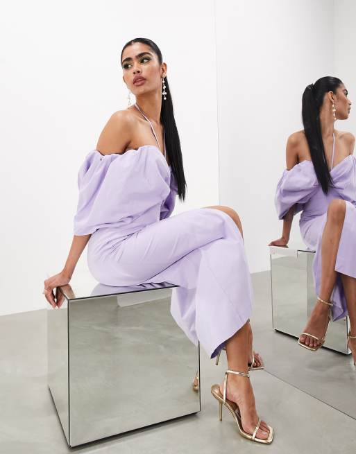 ASOS EDITION bardot bow tie neck detail midi dress in lilac ASOS