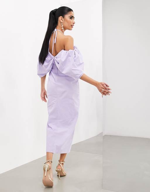 ASOS EDITION bardot bow tie neck detail midi dress in lilac