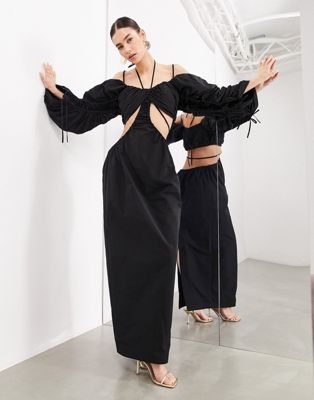 Asos Design Bardot Oversized Structured Puff Sleeve Maxi Dress In Black