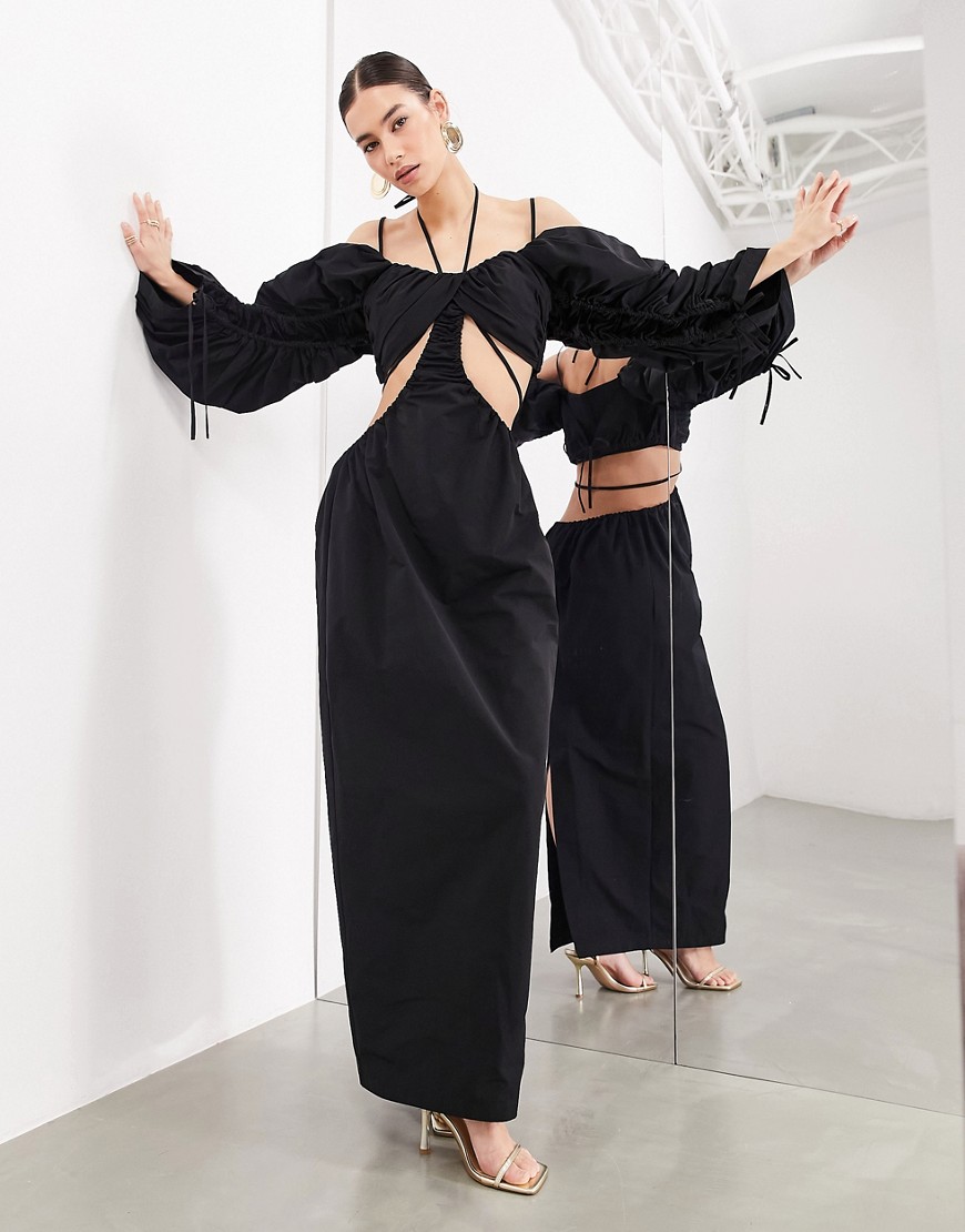 bardot oversized structured puff sleeve maxi dress in black