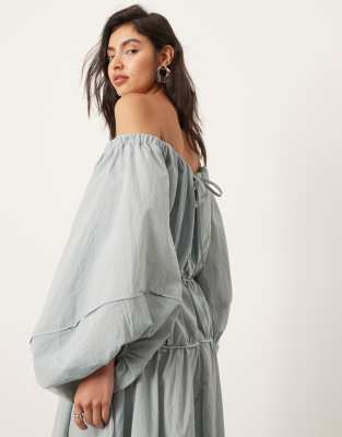 ASOS EDITION ASOS EDITION bardot pleat detail midi dress with balloon sleeves in blue
