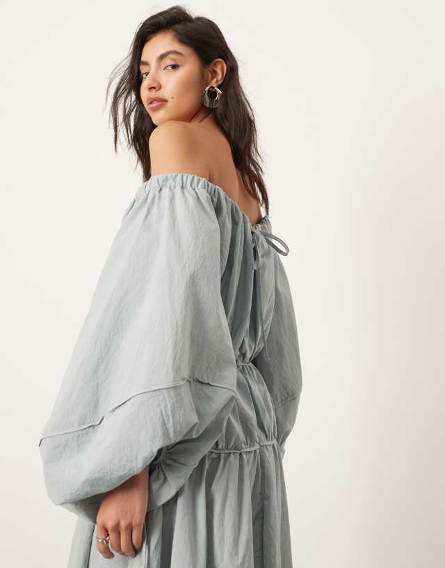 ASOS EDITION - bardot pleat detail midi dress with balloon sleeves in blue