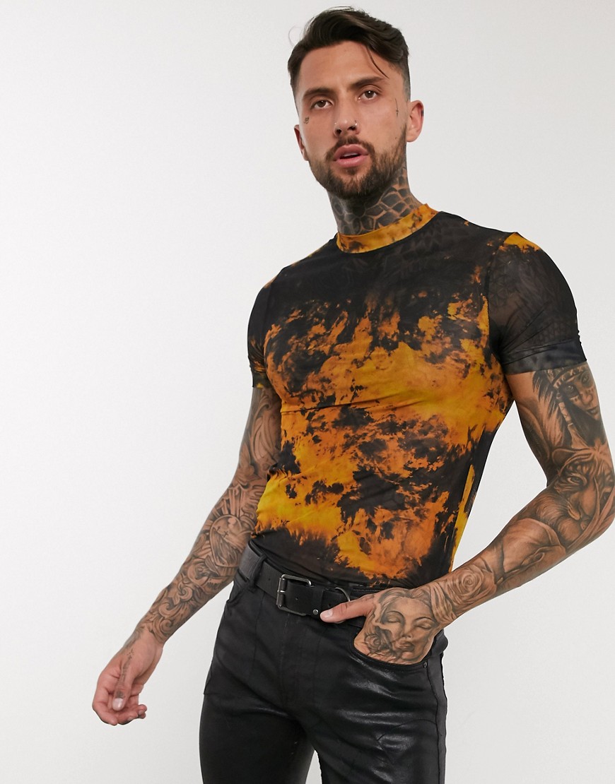 ASOS EDITION - Batikfärgad t-shirt med muscle fit och mesh-Svart