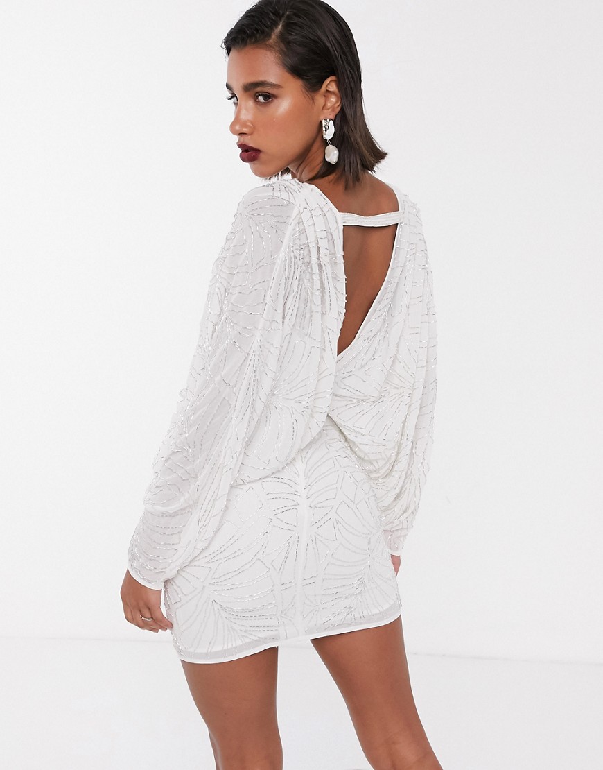 ASOS EDITION batwing leaf embellished mini dress with open back-White