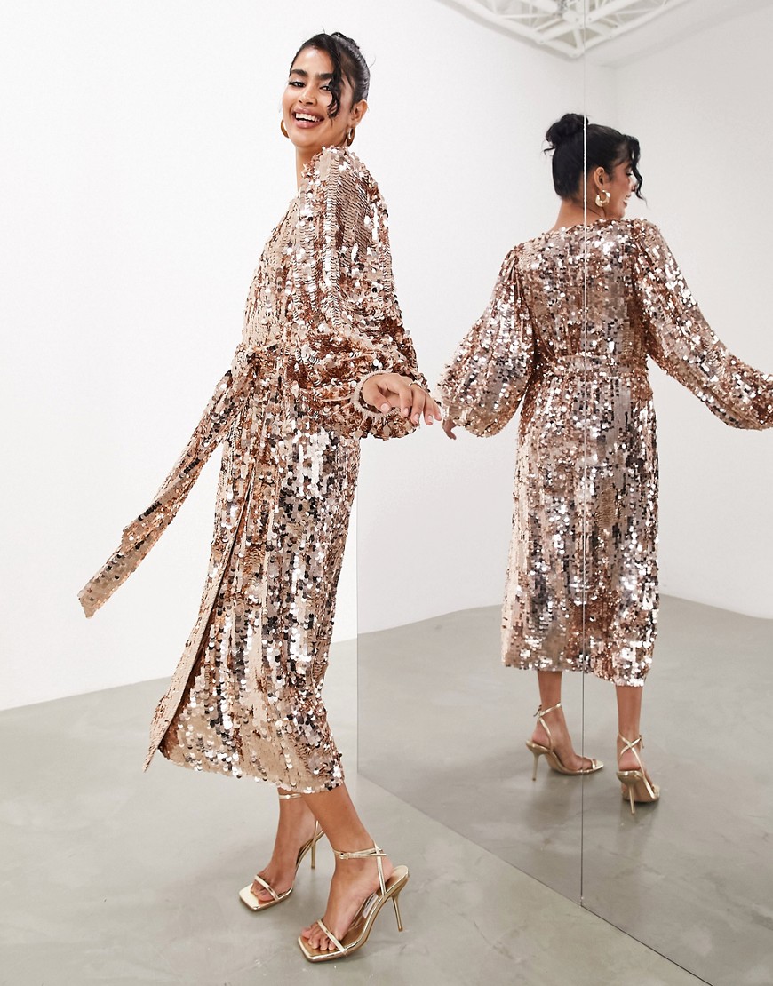 ASOS EDITION batwing sleeve sequin wrap midi dress in gold