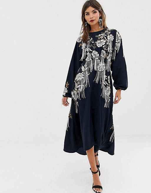 ASOS EDITION beaded floral fringe midi dress with open back