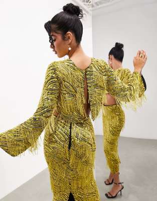 ASOS EDITION ASOS EDITION beaded fringe and pearl split back top in black and yellow-Multi