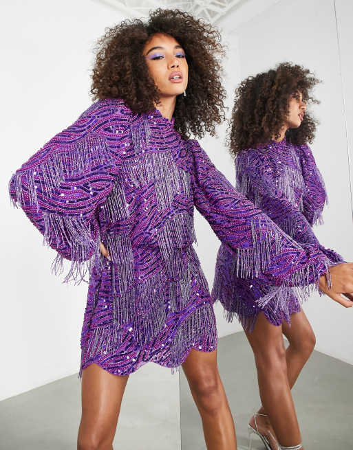 ASOS EDITION beaded fringe and sequin mini dress with blouson sleeves in purple