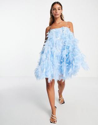 ASOS EDITION – Błękitna sukienka trapezowa mini na ramiączkach z dekoltem  karo z teksturowanej siateczki | ASOS