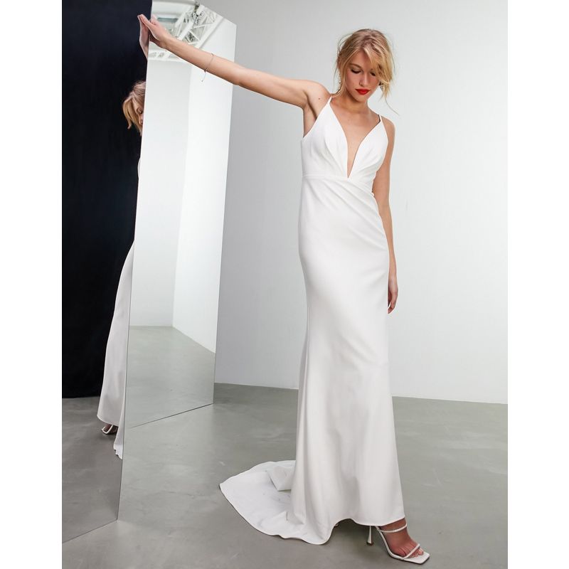 Designer hTeMe EDITION - Bella - Vestito da sposa con spalline sottili e scollo profondo in crêpe con busto a pieghe