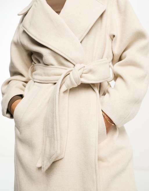 Cream belted cheap wool coat