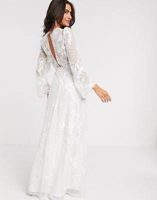 ASOS EDITION – Besticktes Brautkleid mit Blousonärmeln-Weiß