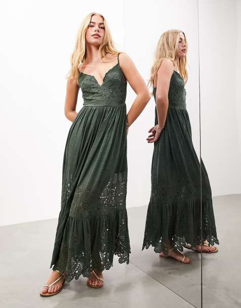 ASOS EDITION – Besticktes Maxi-Trägerkleid in Khaki mit Durchbrucharbeit - view 1