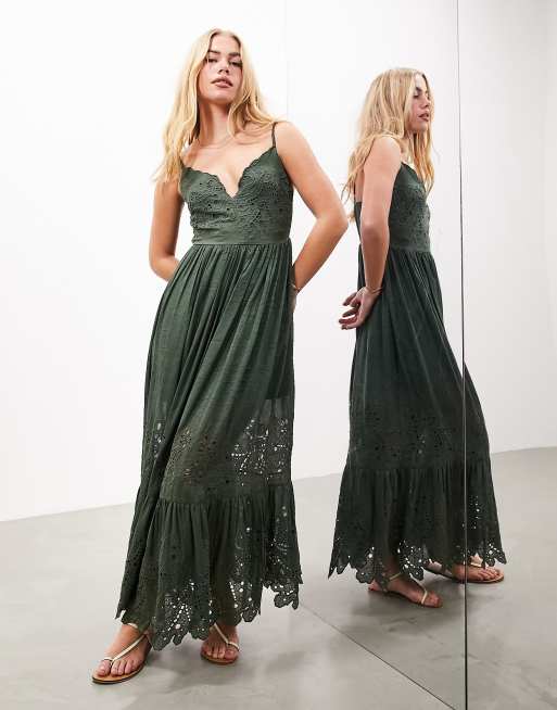 ASOS EDITION – Besticktes Maxi-Trägerkleid in Khaki mit Durchbrucharbeit