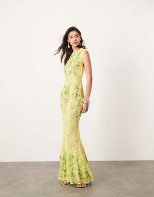 ASOS EDITION - Besticktes Maxikleid in Limettengrün aus transparenter, floraler Spitze mit Rückenausschnitt