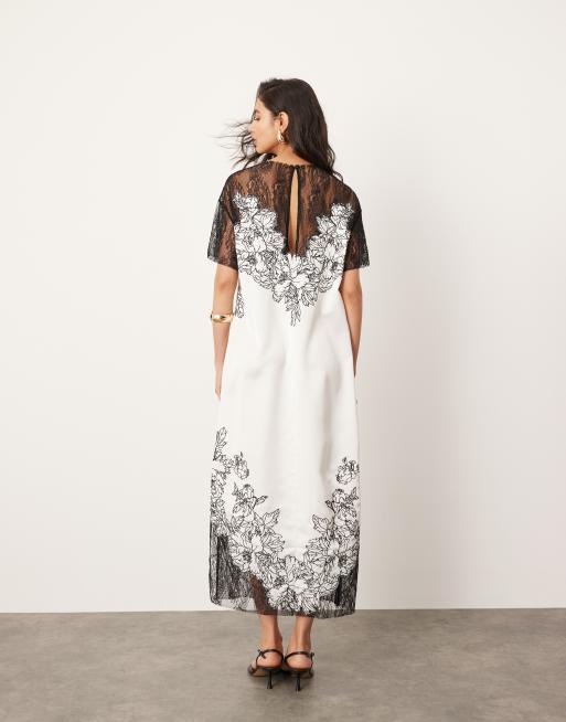 ASOS EDITION – Besticktes Säulen-Midikleid aus Satin in Weiß mit kontrastierender Spitzenapplikation, 2 von 4