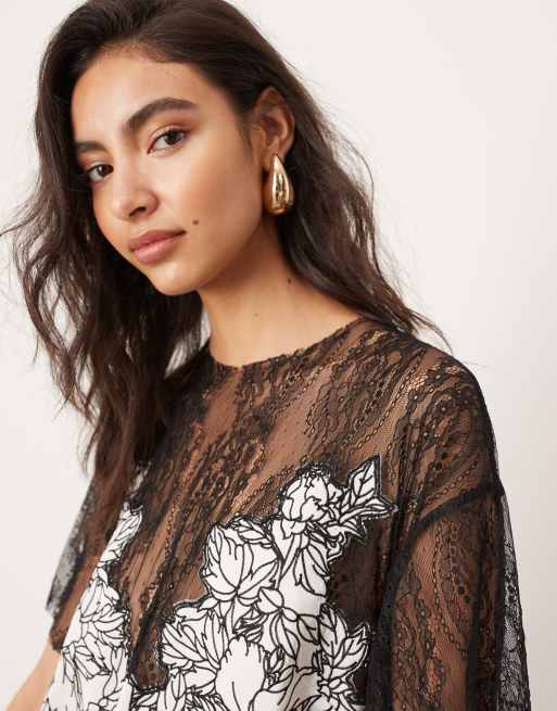 ASOS EDITION – Besticktes Säulen-Midikleid aus Satin in Weiß mit kontrastierender Spitzenapplikation, 3 von 4