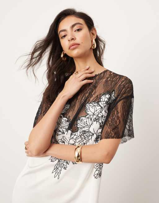 ASOS EDITION – Besticktes Säulen-Midikleid aus Satin in Weiß mit kontrastierender Spitzenapplikation, 4 von 4