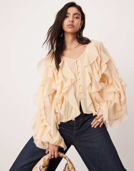 ASOS Edition – Beżowa bluzka z falbanką i surowym brzegiem