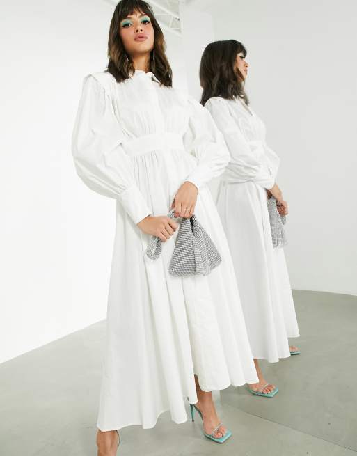 ASOS EDITION – Biała bawełniana sukienka koszulowa z obszernymi rękawami z obcisłym mankietem