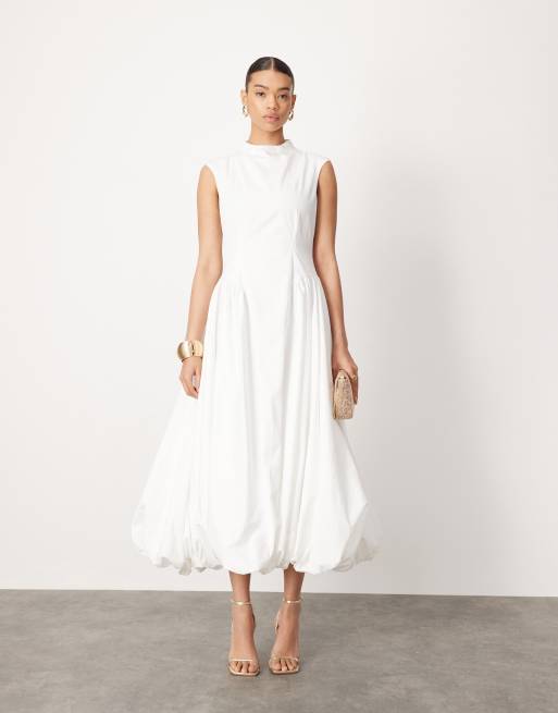 ASOS Edition – Biała sukienka midi bombka z zabudowanym dekoltem i obniżonym stanem 