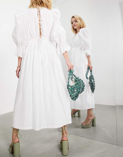 ASOS EDITION – Biała sukienka midi z bufkami i wiązaniem na plecach