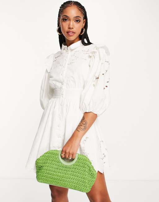 ASOS EDITION – Biała sukienka mini z wycinanym haftem i bufkami