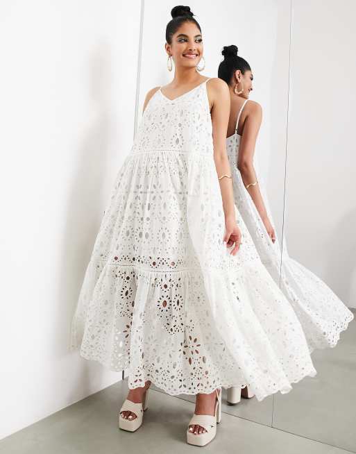 ASOS Edition – Biała warstwowa sukienka maxi na ramiączkach z haftem angielskim