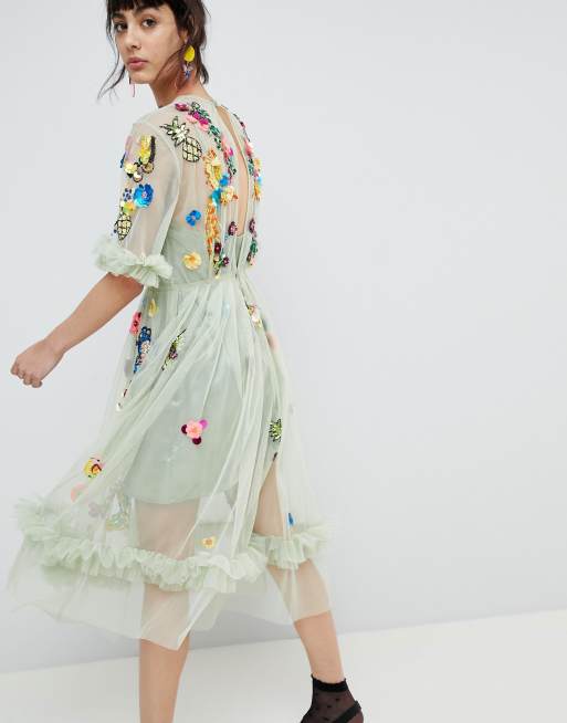 Asos design midi dress with shop pretty floral and bird embroidery