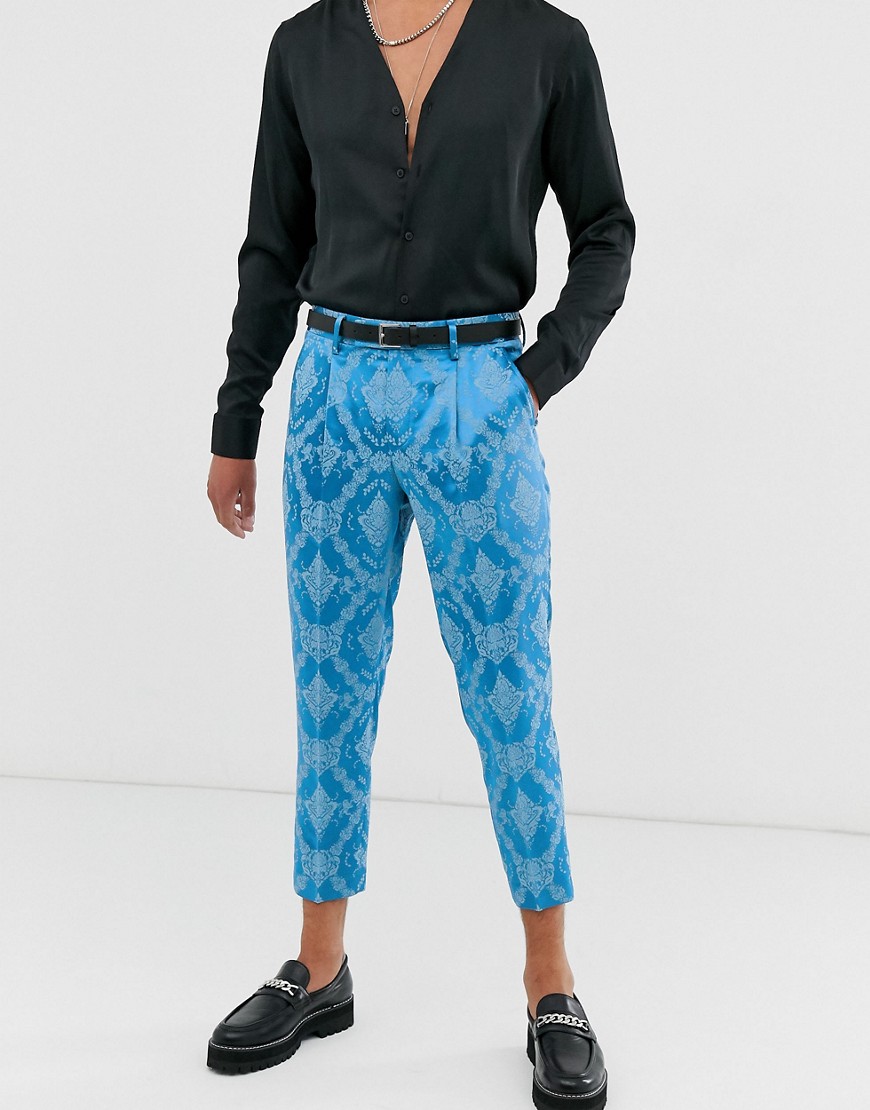 ASOS EDITION – Blå, ankellånga kostymbyxor i tonat jacquard-tyg med smal passform
