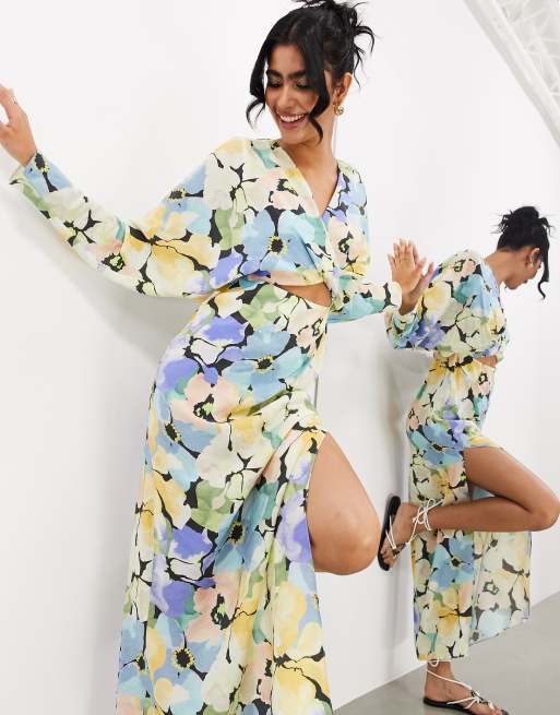 ASOS EDITION – Blå, långärmad midiklänning med utskurna detaljer och arthouse-blommor