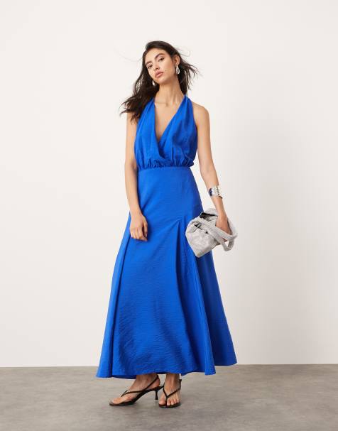 ASOS EDITION - Blå maxikjole med halterneck, rygdetalje og fuld nederdel - view 1