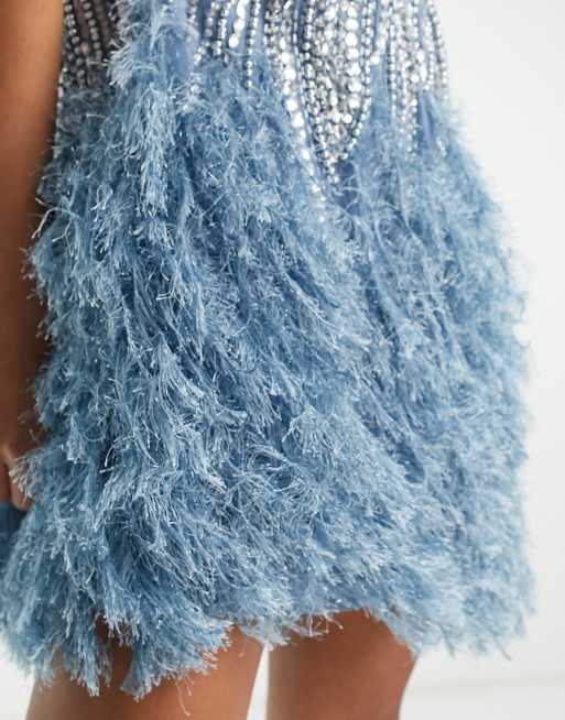 ASOS EDITION – Blå miniklänning med strass och pärlor och fåll av fuskfjädrar, 3 av 4