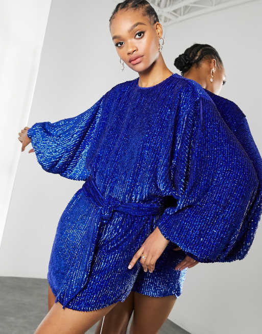 ASOS EDITION – Blå paljettprydd miniklänning i oversize-modell med blusärmar